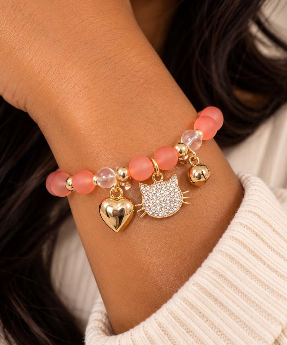 Coral Pink Beaded Cat Charm Bracelet Rhinestone Heart Y2K Kawaii Jewelry